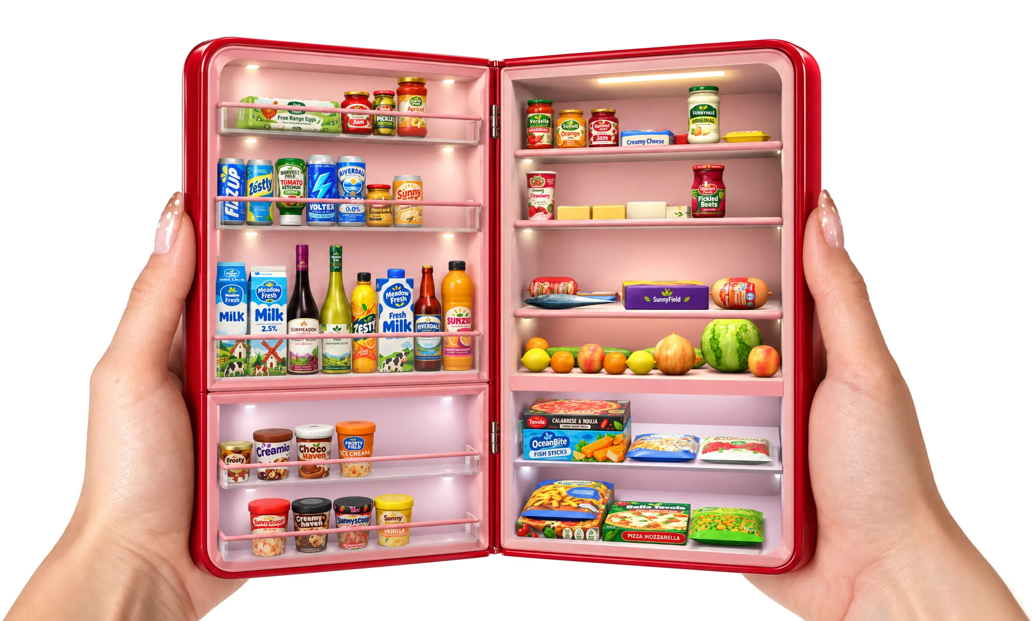 PHRIDGE, the pocket fridge: two hands holding a phone that opens like a little red fridge, its shelves full of tiny groceries